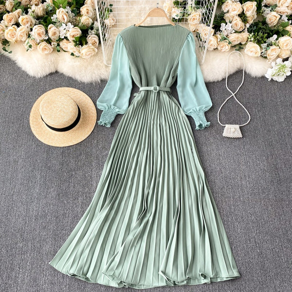 Vintage French Pleated Maxi Long Dress