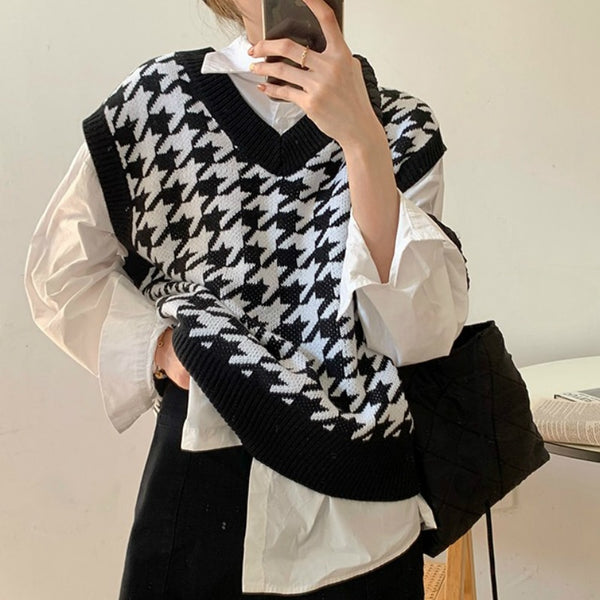 Korean Style Y2K Knitted Houndstooth Vest Sweater Waistcoat